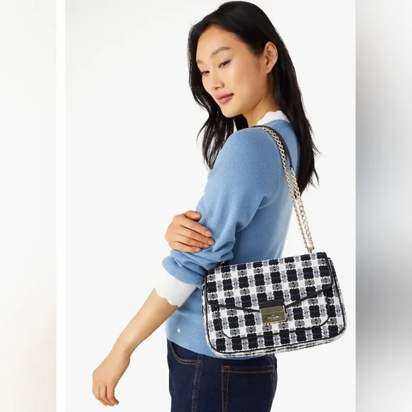 NWT Kate Spade Black, White, Blue Carey Checked Tweed Medium Shoulder Bag Chain - Picture 3 of 15